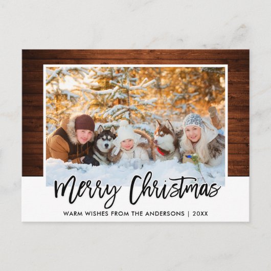 Penseel Script Rustic Wood Familie Kerstmis foto Briefkaart (Voorkant)