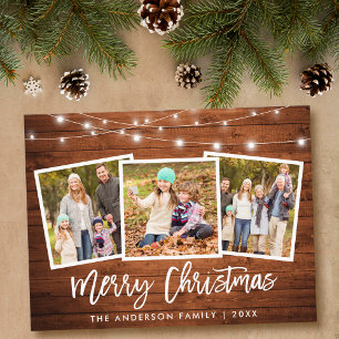 Penseel Script Rustic Wood Licht 3 Kerstmis foto Briefkaart