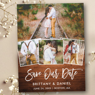 Penseel Script Rustic Wood Save Our Date 4 Photo Briefkaart