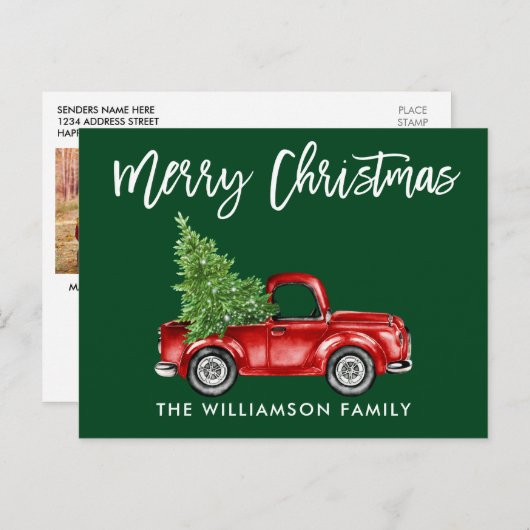 Penseel Script Truck Kerstmis PHOTO BACK Green Briefkaart (Voorkant / Achterkant)