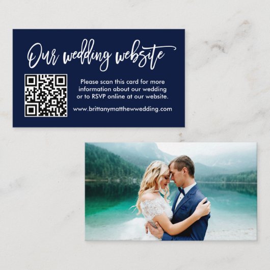 Penseel Script Weddenschap Website QR Foto Blauw Informatiekaartje (Voorkant / Achterkant)
