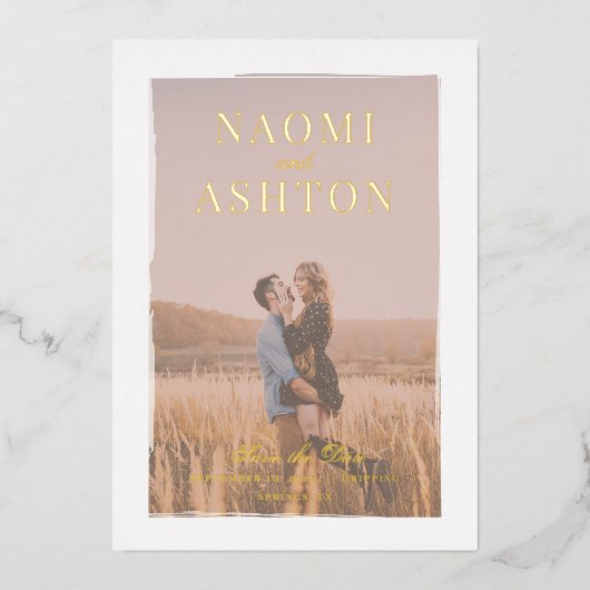 Penseelbedekking bruiloft opslaan Echte datum goud Folie Uitnodiging (Voorkant)