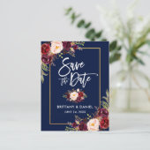 Penseelscript Bourgogne Floral Save the Date Aankondigingskaart (Staand voorkant)