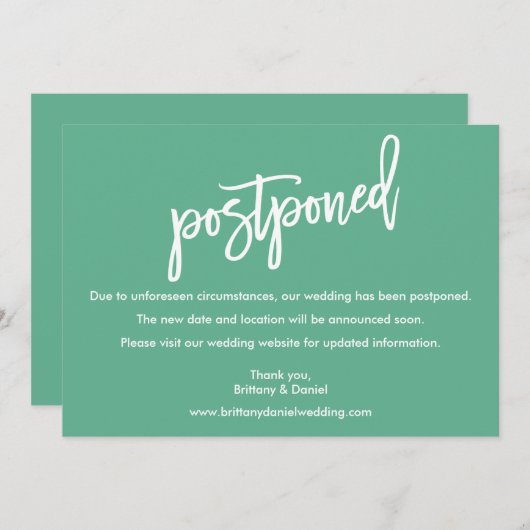 Penseelscript bruiloft uitgesteld Neo Mint Kaart (Voorkant / Achterkant)