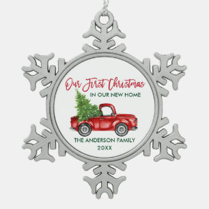 Penseelscript Eerste Kerstmis Nieuwe Home Truck Tin Sneeuwvlok Ornament