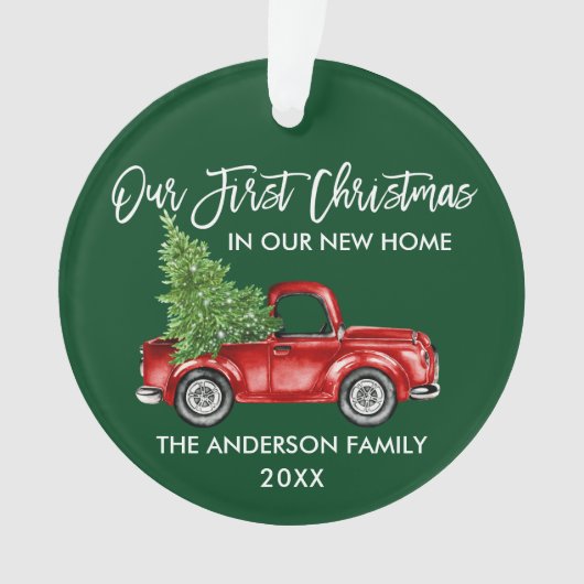 Penseelscript Eerste Kerstmis Nieuwe Thuiswagen Gr Ornament (voorkant)