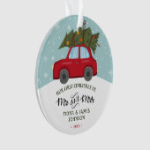 Penseelscript Eerste Kerstmis Rode auto Ornament (voorkant)