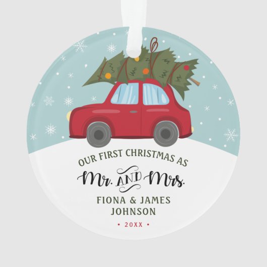 Penseelscript Eerste Kerstmis Rode auto Ornament (achterkant)