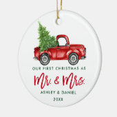 Penseelscript Eerste Kerstmis Rood Vrachtwagen PHO Keramisch Ornament (Links)