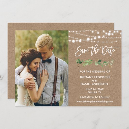 Penseelscript Eucalyptus Lights Kraft Foto Save The Date (Voorkant / Achterkant)