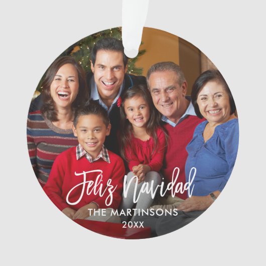 Penseelscript Feliz Navidad Photo Red Back Ornament (voorkant)