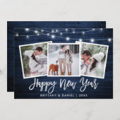 Penseelscript licht blauw hout 3 Foto nieuwjaar Feestdagenkaart (Voorkant / Achterkant)