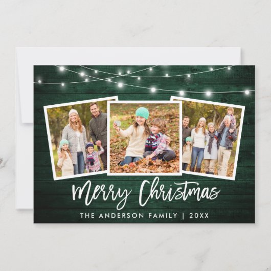 Penseelscript licht groen hout 3 Kerstmis foto Feestdagenkaart (Voorkant)