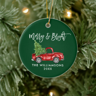 Penseelscript Merry Bright Truck Green Keramisch Ornament