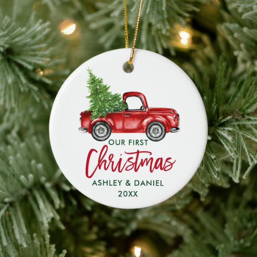 Penseelscript Red Truck First Kerstmis Keramisch Ornament (Boom)