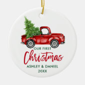 Penseelscript Red Truck First Kerstmis Keramisch Ornament (Voorkant)