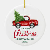 Penseelscript Red Truck First Kerstmis Keramisch Ornament (Achterkant)