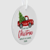 Penseelscript Red Truck First Kerstmis Ornament (voorkant)