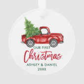 Penseelscript Red Truck First Kerstmis Ornament (achterkant)