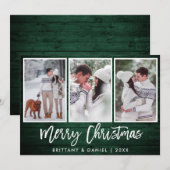 Penseelscript Rustic Green Wood Kerstmis 3 Foto Feestdagenkaart (Voorkant / Achterkant)