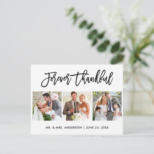 Penseelscript voor altijd dankzij 3 foto-bruiloft briefkaart (Staand voorkant)