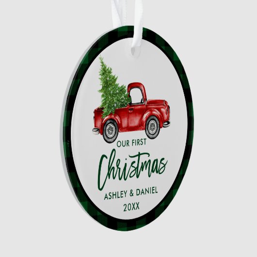 Penseelscript voor eerste kerstmis, groen geplakt ornament (voorkant)