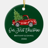 Penseelscript Vrachtwagen Eerste Kerstmis Groen Keramisch Ornament (Voorkant)