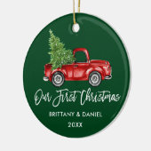 Penseelscript Vrachtwagen Eerste Kerstmis Groen Keramisch Ornament (Links)