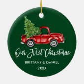 Penseelscript Vrachtwagen Eerste Kerstmis Groen Keramisch Ornament (Achterkant)