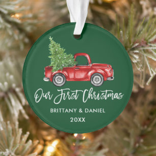 Penseelscript  Vrachtwagen Eerste Kerstmis Groen Ornament