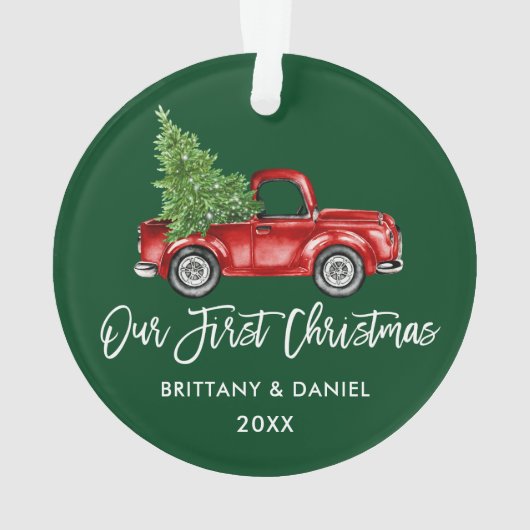 Penseelscript  Vrachtwagen Eerste Kerstmis Groen Ornament (achterkant)