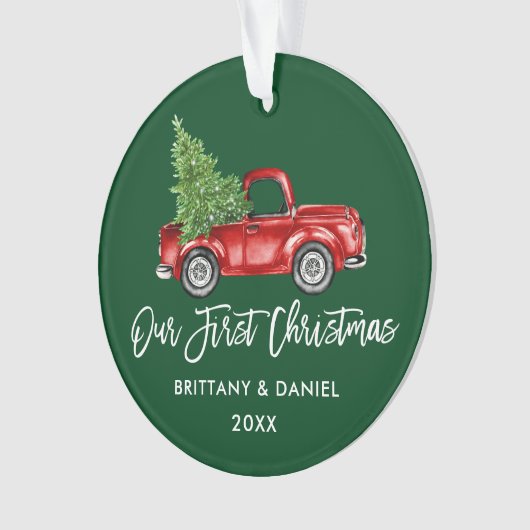 Penseelscript  Vrachtwagen Eerste Kerstmis Groen Ornament (voorkant)