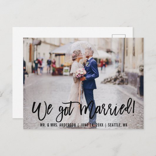 Penseelscript we zijn getrouwd Foto Mr en Mrs. Briefkaart (Voorkant / Achterkant)