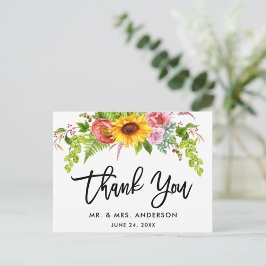 Penseelscript Zonnebloem Berichten Bedankt Briefkaart (Staand voorkant)