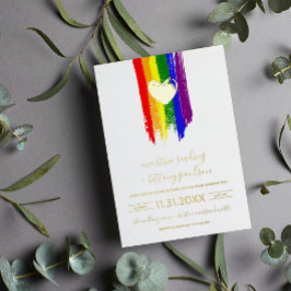 Penseelstreken Pride Flag & Gold Heart Wedding Folie Uitnodiging