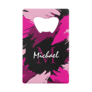 penseelstreken tinten hete roze naam met monogram kredietkaart flessenopener