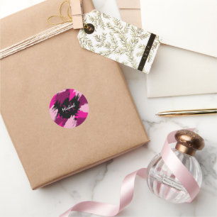 penseelstreken tinten hete roze naam met monogram ronde sticker