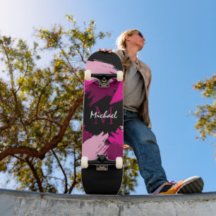 penseelstreken tinten hete roze naam met monogram skateboard