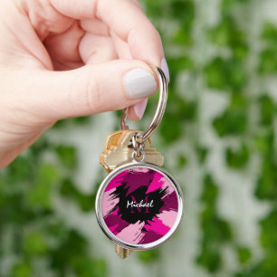 penseelstreken tinten hete roze naam met monogram sleutelhanger
