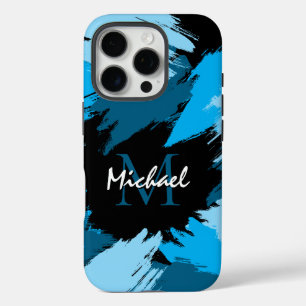 Penseelstreken tinten van blauwe naam met monogram iPhone 16 pro hoesje