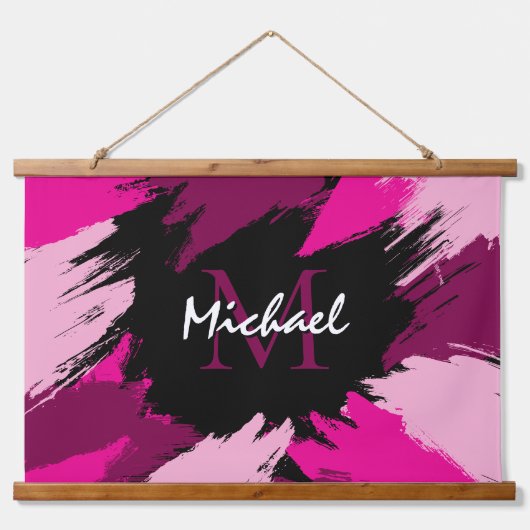 Penseelstreken tinten van hete roze naam met monog hangend wandkleed (Voorkant)