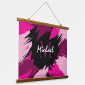 Penseelstreken tinten van hete roze naam met monog hangend wandkleed (Gebogen)