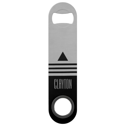 Penseelzilver en zwarte Manly Design Custom Name Speed Flessenopener (Voorkant)