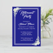 Pensioen Elegant Script Blauw Wit Rose Party Kaart (Staand voorkant)