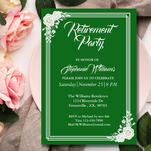 Pensioen Elegant Script Groen Wit Rose Party Kaart