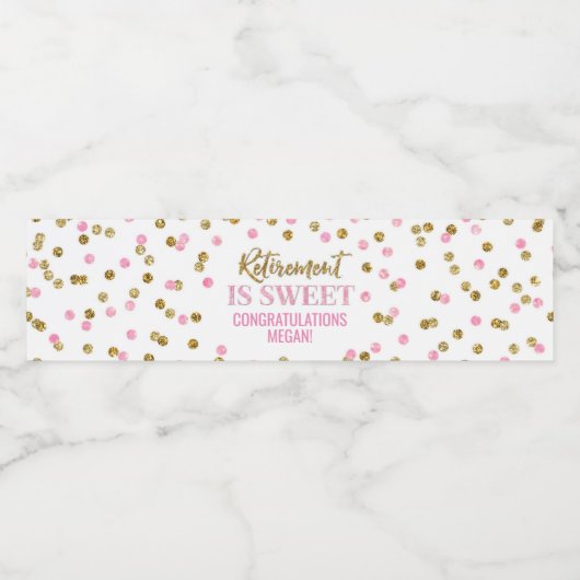 Pensioen is zoet Roze Gouden Confetti Waterfles Etiket (Enkel label)