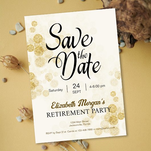 Pensioen Party Gold Confetti Save the Date Kaart