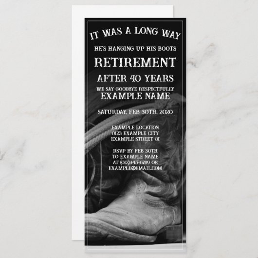 Pensioenaankondiging met cowboylaarzen en -pet (Voorkant / Achterkant)