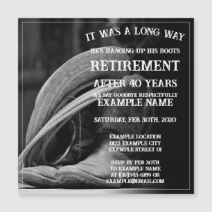 Pensioenaankondiging met cowboylaarzen en -pet