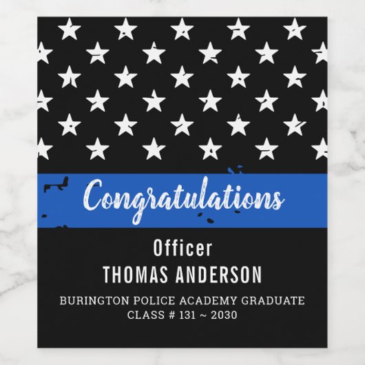 Pensioenafstudeerpartij van politie met blauwe lij wijn etiket (Enkel label)